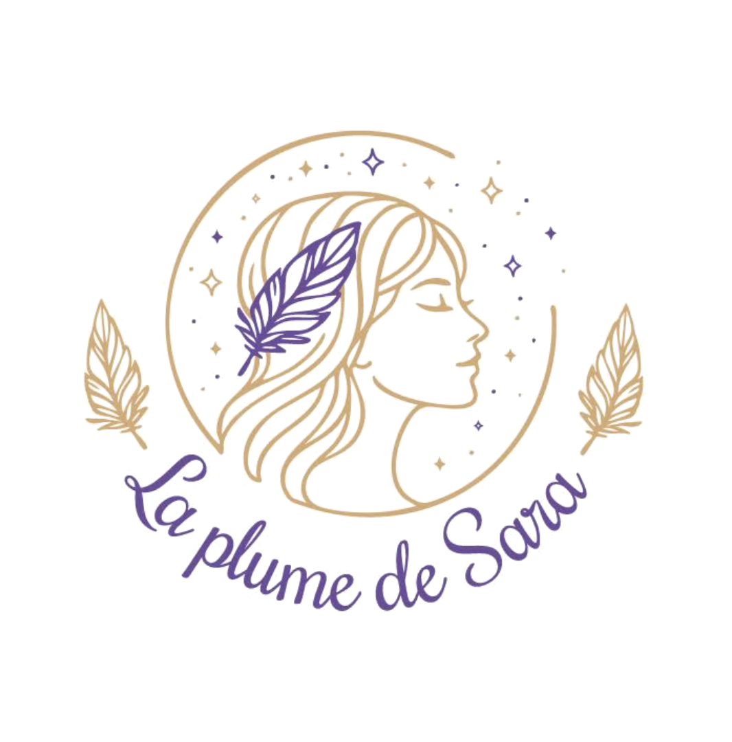 Logo de La Plume de Sara : profil de femme, plume violette et croissant de lune doré