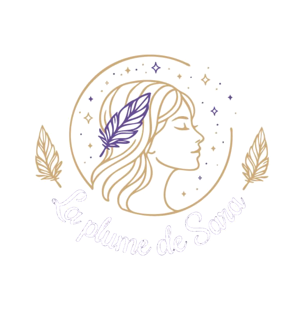 Logo de La Plume de Sara : profil de femme, plume violette et croissant de lune doré